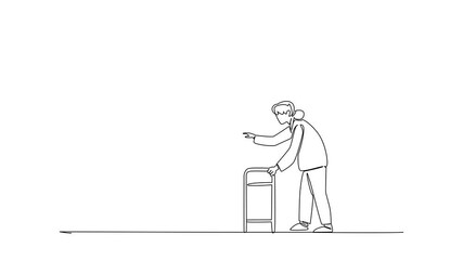 Poster - Animation of continuous one line drawing grandma chasing hook with dollar coin attached. Fooled. Unfavorable. National Senior Fraud Awareness Day. Single line self drawing animated. Full length motion