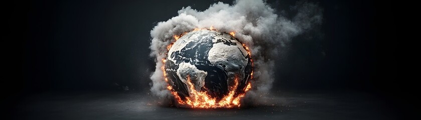 Poster - A surreal depiction of the planet Earth covered in flames, continents melting into molten lava, smoke rising into the void of space, dramatic lighting, ultra-high detail, digital painting