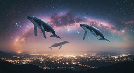 Wall Mural - a dreamy scene of whales swimming through a starlit sky above a city