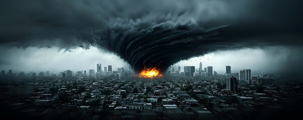 Poster - A massive hurricane with a fiery core, raging across an abandoned metropolis, extreme weather disaster, hyper-detailed atmospheric rendering, cinematic scale
