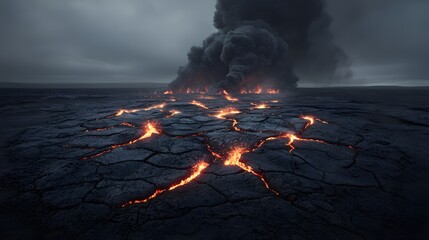 Poster - A scorched Earth landscape with cracked, burning ground and towering plumes of smoke, molten lava seeping through fissures, intense heat distortion in the air, apocalyptic atmosphere, high-definition