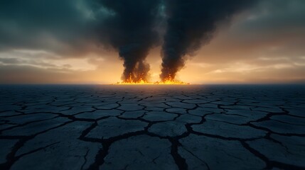 Poster - A scorched Earth landscape with cracked, burning ground and towering plumes of smoke, molten lava seeping through fissures, intense heat distortion in the air, apocalyptic atmosphere, high-definition