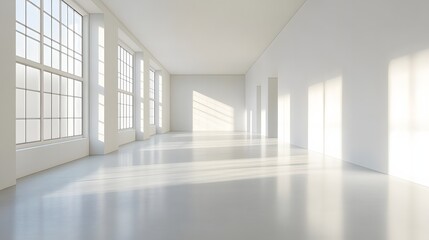  Empty, sunlit interior with large windows.