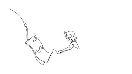 Poster - self drawing animation of single one line drawing woman swimming diving and chasing a hook with doll