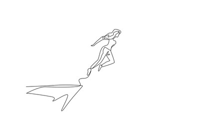 Poster - Animation of continuous one line drawing a woman jumps off a cliff trying to reach a big hand holding a dollar bill. National Fraud Awareness Day. Single line self drawing animated. Full length motion