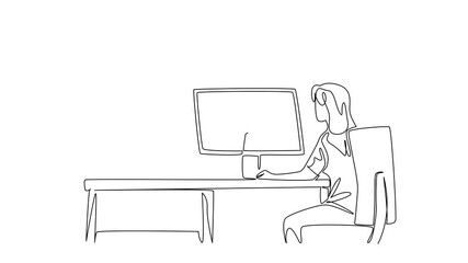Aufkleber - Animation of single continuous line drawing woman typing and thief fishing for credit card. Weak security. National Senior Fraud Awareness Day. One line self drawing animated. Full length motion