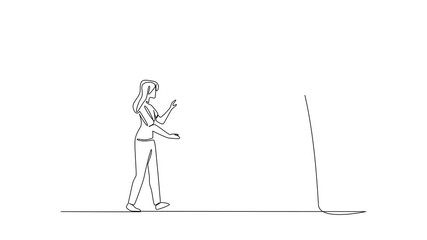 Poster - Animation of continuous one line drawing a woman chasing a hook with a dollar coin attached to it. Stuck. National Senior Fraud Awareness Day. Single line self drawing animated. Full length motion
