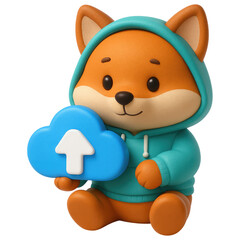 Poster - Adorable Fox Cartoon Character in Hoodie Holding Cloud Upload Icon