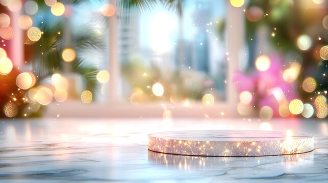 Round White Glitter Platform on Blurred Tropical Background