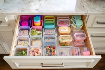 Poster - Organized Drawer Featuring a Variety of Frozen Kid-Friendly Meals Arranged Neatly for Easy Access in a Kitchen Setting