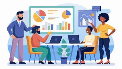 Poster - Team discussing charts and graphs in a meeting room