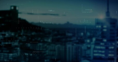 Poster - After dusk falling behind hills, binary digits streaming down skyline, flickering to show data flow