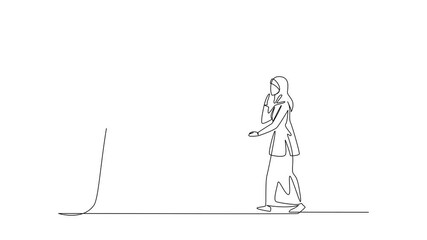 Poster - Animated self drawing of continuous one line drawing an arab woman chases a hook with dollar coin attached. Lured by fraudulent investments. National Senior Fraud Awareness Day. Full length animation