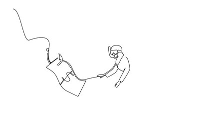 Poster - Self drawing animation of single one line drawing arab woman diving and chasing a hook with dollar bills attached. Got scammed. Detrimental. National Senior Fraud Awareness Day. Full length animated