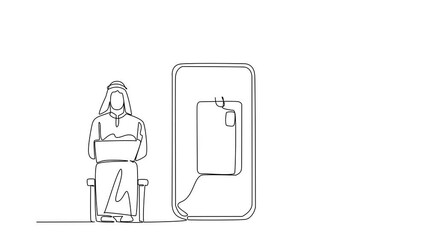Aufkleber - Self drawing animation single one line drawing arab man sits typing on laptop and thief hides fishing for credit cards. Lured by fake links. National Senior Fraud Awareness Day. Full length animated