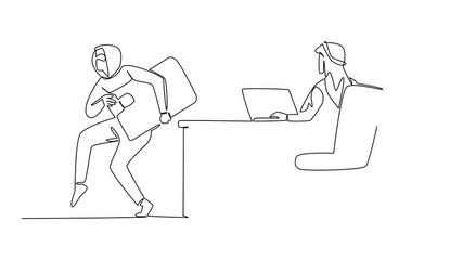Poster - Animated self drawing of single one line drawing an arab man types on a laptop and the thief takes a large credit card. Neglected. Busy. National Senior Fraud Awareness Day. Full length animation