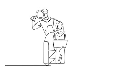 Poster - Self drawing animation of continuous one line drawing arab woman holds laptop and the thief uses magnifier. Inserting fake links for phishing. National Senior Fraud Awareness Day. Full length animated