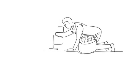 Poster - Animated self drawing of single one line drawing an arab woman typing and a thief putting money into a money bag. Helpless. Very bad system. National Senior Fraud Awareness Day. Full length animation