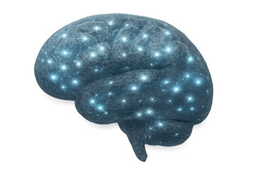 Poster - Artificial intelligence concept illustrated by shining lights in a digital human brain, isolated on transparent background