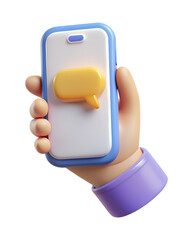 Poster - A modern 3d illustration displaying a hand holding a smartphone with a chat bubble icon in vibrant and appealing colors.