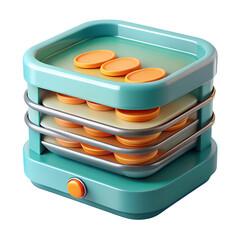 Poster - A meticulously designed three-dimensional illustration of a stacked tray displaying round orange objects inside a vibrant teal colored appliance.