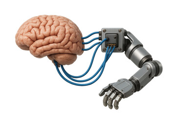 Poster - Neural interface connecting robotic prosthetic through blue wiring, merging technological precision with human cognitive potential