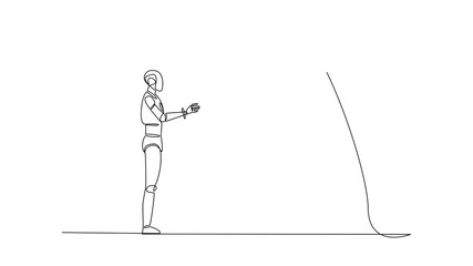 Poster - Animation of continuous one line drawing robot chasing a hook with a dollar coin attached. System error. No danger detected. Trap. National Senior Fraud Awareness Day. Full length motion