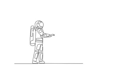 Poster - Animated self drawing of single continuous line drawing astronaut chasing a hook with a dollar coin attached. Interested in instant profits. National Senior Fraud Awareness Day. Full length animation