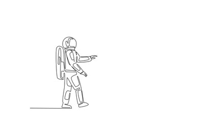 Poster - Self drawing animation of single one line drawing astronaut chasing a hook that has dollar bill attached to it. Investing in the wrong place. National Senior Fraud Awareness Day. Full length animated