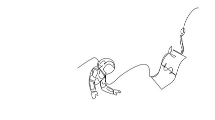 Poster - Animation of single continuous line drawing astronaut dives and chases a hook attached to a dollar bill. Diving for false profits. Trap. National Senior Fraud Awareness Day. Full length motion