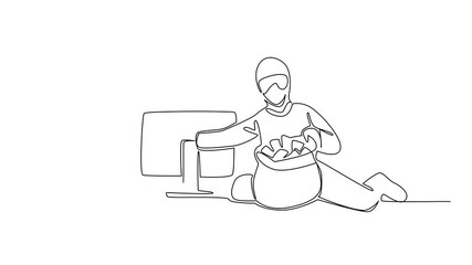 Poster - Animation of single one line drawing robot typing and thief putting money into money bag. Intelligence system successfully hacked. National Senior Fraud Awareness Day. Full length motion