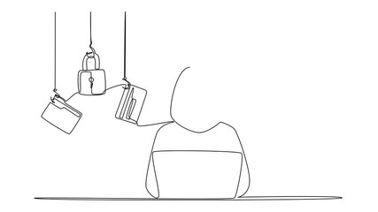 Poster - Animation of single continuous line drawing masked thief wear hoodie typing on laptop and 5 important icons. Hack multiple accounts at once. National Senior Fraud Awareness Day. Full length motion