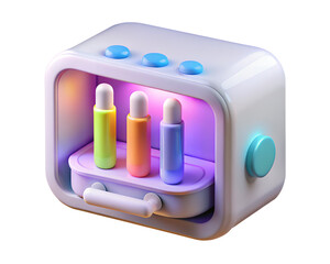 Poster - A whimsical 3d plastic-style icon of colorful beauty product bottles inside a playful box design on a transparent background