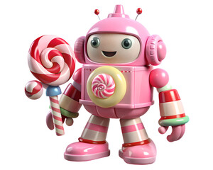 Poster - Adorable pink robot character with a whimsical design holding a large striped lollipop on a transparent background.