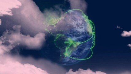 Poster - Rotating Earth neon arcs from Asia linking world, clouds drifting obscuring network visualization
