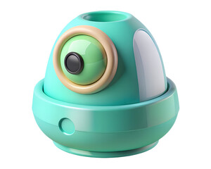 Poster - Modern 3d rendered cartoon robot with a large green eye and a glossy plastic aesthetic on black.