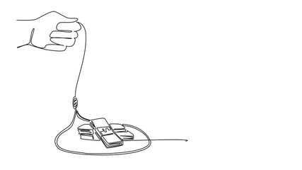 Poster - Self drawing animation single one line drawing arabian man walking towards a rope trap containing several stacks of banknotes. Wanting profit but instead getting loss. Money Bait. Full length animated