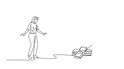 Poster - Animation of continuous one line drawing young beautiful woman walking towards a rope trap containing several stacks of banknotes. The trap of abundance. Money Bait. Full length motion