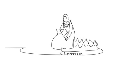 Poster - animated self drawing of single continuous line drawing arabian woman is taking money bag on top of 