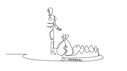 Poster - Self drawing animation of continuous one line drawing robot is taking money bag on top of bear trap. Investment in advanced artificial intelligence. Trap trick. Risk. Money Bait. Full length animated