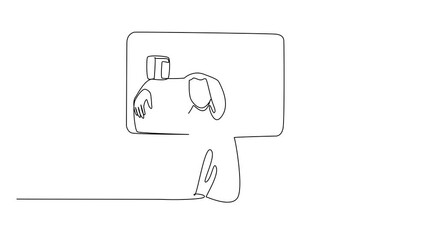 Poster - Self drawing animation of continuous one line drawing an arab man trapped his head and both hands in a large credit card. More expenses than income. Hedonistic. Money Bait. Full length animated