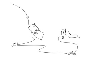 Poster - Animation of continuous one line drawing businesswoman swims and reaches for banknotes attached to a hook. Investors want big profits. Causing losses. Risk. Money Bait. Full length motion