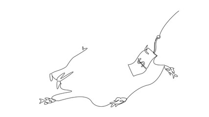 Poster - Self drawing animation of single one line drawing arab man swims and reaches for banknotes attached to hook. The difficulty of finding trustworthy investors. Trap. Money Bait. Full length animated