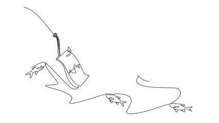 Poster - Animated self drawing of single continuous line drawing arab woman swims and reaches for banknotes attached to a hook. Helplessness to seek help. Bound in a trap. Money Bait. Full length animation