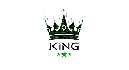 Digital binary code crown symbol with text king and stars representing technology and power