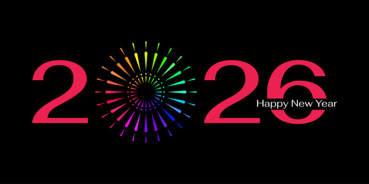 New year 2026 luxury logo inspiration with red numbers and colorful fireworks effect on black background. New year greeting card. event, celebration