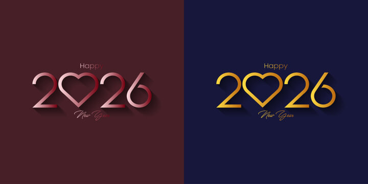 New Year 2026 logo with gold and pink gradient on dark red and dark blue background. Holiday greeting card. Vector illustration. Holiday design for greeting card, invitation, calendar