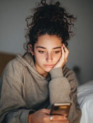 Poster - Teen Studies Symptoms of Poisoning on Smartphone While Seated in Cozy Bedroom at Night