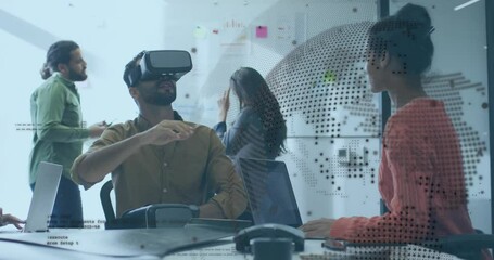 Poster - Developer placing VR headset starting tech demo manager guiding interface, designer noting overlay