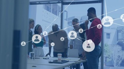 Poster - Team leaning over laptop in office, causing network icons and lines forming for business planning